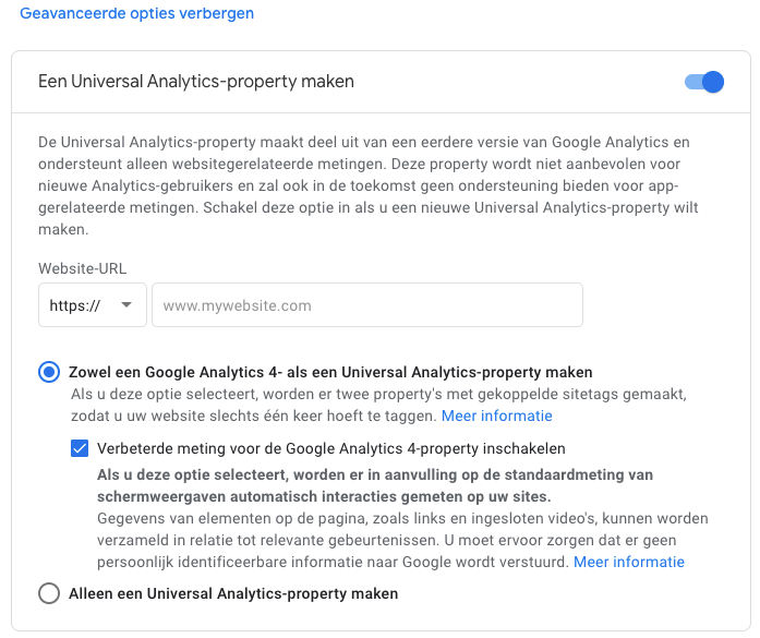 Kies of je alleen Universal Analytics wilt of ook Google Analytics 4